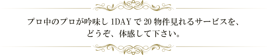 プロ中のプロが吟味し1DEYで20物件見れるサービスを、どうぞ、体感して下さい。